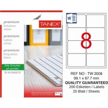 Tanex TW-2008 99,1X67,7 mm Inkjet / Laser A4 Etiket Yetkili Satıcı (25 Adet)
