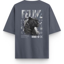 Overoz Feline Leopard Leopar Sırt Baskılı Yarı Oversize Unisex Füme Tshirt 1401