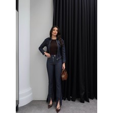 Esra Helvacı Denim Fermuarlı Ceket Pantolon Takım