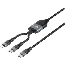 Skygo Hkm Tech Duo Power 100W Çift Uçlu, Type-C To Lightning + Type-C Şarj Kablosu, Örgü Tasarım, 1.2 Metre, Siyah