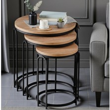 3' Lü Açık Ceviz Ahşap Siyah (Statik) Ayak Lenka Metal Sehpa Takımı Sedaş-Zigon-Sehpa