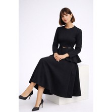 Zg Fashion Kadın Siyah Kloş Etek Belden Oturtmalı Kemerli Yuvarlakyaka Bluz