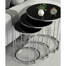 3' Lü Siyah Aynalı (Kırılmaz) Cam Nikel (Gümüş) Ayak Lenka Metal Sehpa