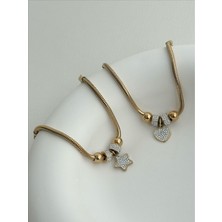Qa Quella Accessories Çelik Silindir Zincir Top Kalp & Yıldız Charm Zirkon 14K Gold Bileklik 17+5 cm - Yıldız