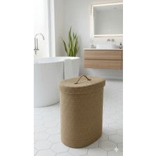 Nays Home Jüt Hasır Kapaklı Oval Çamaşır Sepeti, 45X45 Kirli Sepeti, Oyuncak Sepeti