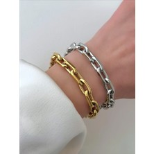 Qa Quella Accessories Çelik Düz Figaro  Gümüş & 14K Gold Zincir Bileklik 18+5 cm - Gümüş