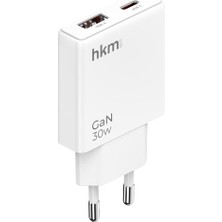 Skygo Hkm Tech Extra Slım Gan 30W Usb-A ve Type-C Çift Portlu Hızlı Şarj Aleti, Ultra Ince Güç Adaptörü, Beyaz