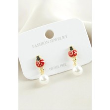 Renklime Uğur Böceği Mineli Inci Küpe