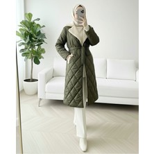 Modamorfo Yakası Kürklü Beli Kemerli Düğmeli Astarlı Kapitone Mont -Haki