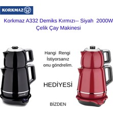 Korkmaz A332 Demiks Kırmızı Veysa Siyah 2000 W Çelik Çay Makinesi + Stanley Klasik Gri 0.23 Lt Çelik Termos Bardak  Hediye
