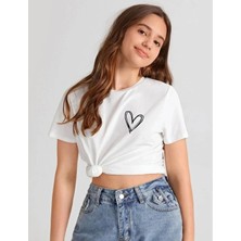 Glam Love Kız Çocuk Bisiklet Yaka Baskılı T-Shirt - Beyaz