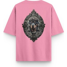 Overoz Guardian Dog Rottweiler Köpek Sırt Baskılı Yarı Oversize Unisex Pembe Tshirt 1402