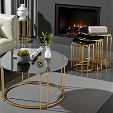 4 Lü Lenka Zigon Orta Sehpa Takımı Yuvarlak Gold Metal 3+1 - Siyah Aynalı Temperli Cam Zigon-Orta