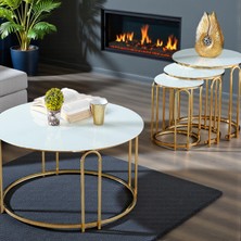 Lenka Zigon Orta Sehpa Takımı Yuvarlak Gold Metal 3+1 - Beyaz Temperli Cam Lenka-Zigon-Orta-Gold