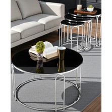 Lenka Zigon Orta Sehpa Takımı Yuvarlak Gümüş Metal 3+1 - Siyah Aynalı Kırılmaz (Temperli) Cam