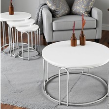 Lenka Zigon Orta Sehpa Takımı Yuvarlak Gümüş Metal 3+1 - Beyaz Ahşap Zigonorta-Gümüş