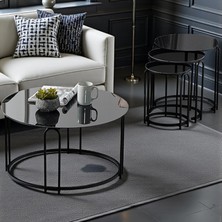 Lenka Siyah Aynalı Temperli Cam Zigon Orta Sehpa Takımı Yuvarlak Siyah Metal 3+1 Lenka-Zigonorta