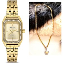 Ferrucci Dikdörtgen Zirkon Taşlı Çelik Kadın Kol SAATI+%100 Çelik Kalpli Kolye Hediye Set