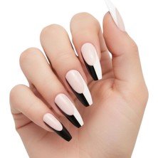 Eda Luxury Beauty 24'lü Nude Pembe Siyah Beyaz French Takma Tırnak Seti Lüks Parlak Extra Uzun Küt Kare Balerin Yapıştırıcılı False Nails Set