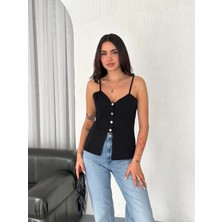 Feyza Design Şık Askılı Deraylı Siyah Crop Bluz, Tarzınızı Tamamlar