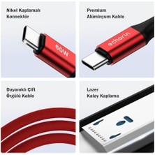 USB C'den USB C'ye 60W, 2.4A, 1m, Pd 2.0, Çift Kat Örgülü Hızlı Şarj ve Data Kablosu (Kırmızı, 1 Metre)