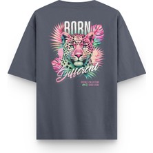 Overoz Born Different Leopard Leopar Sırt Baskılı Yarı Oversize Unisex Füme Tshirt 1403