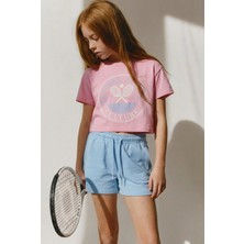 Magu Kız Çocuk Pamuklu Pembe Baskılı Crop T-Shirt Mavi Şort Takım
