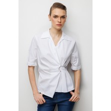 Ekol Kadın Beli Büzgülü Kısa Kollu Pamuklu Bluz 2046 Ekru