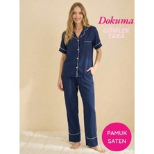 Seamlife Kadın Maskülen Önden Düğmeli Gömlek Yaka Dokuma %100 Pamuk Saten Göğüs Cepli Kısa Kol Pijama Takımı