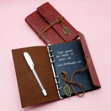 Shopwave Kahverengi Siyah Yapraklı Deri Defter ve Beyaz Jel Kalem Set