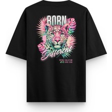 Overoz Born Different Leopard Leopar Sırt Baskılı Yarı Oversize Unisex Siyah Tshirt 1403