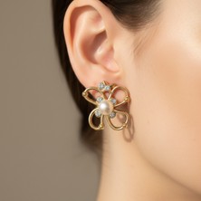 Norayn Altın Renk Inci Taşlı Çiçek Küpe | Büyük Vintage Kadın Küpe Şık & Özel Gün Tasarım