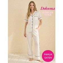 Seamlife Kadın Beyaz Maskülen Önden Düğme Gömlek Yaka Dokuma %100 Pamuk Saten Göğüs Cepli Kısa Kol Pijama Takımı