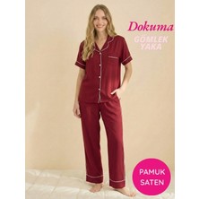 Seamlife Kadın Bordo Maskülen Önden Düğme Gömlek Yaka Dokuma %100 Pamuk Saten Göğüs Cepli Kısa Kol Pijama Takımı