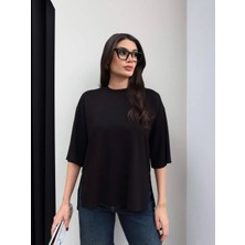 Cemo Kadın Oversize Yarım Kol Bisiklet Yaka Yan Yırtmaçlı Basic Tişört