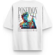 Overoz Poseidon Sırt Baskılı Yarı Oversize Unisex Beyaz Tshirt 1406