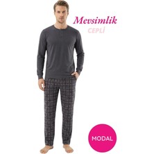 Guava Erkek Antrasit Modal Düğmeli Ekose Desen Pamuk Likra Mevsimlik Manşetli Uzun Kol Cepli Pijama Takımı