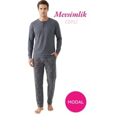 Guava Erkek Gri Modal 3 Düğmeli Ekose Desen Pamuk Likra Mevsimlik Manşetli Uzun Kol Cepli Pijama Takımı