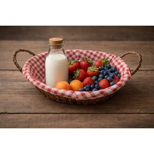 Visluna Hasır Piknik Sepeti Kulplu Bezli Oval Ekmek Sepeti Çok Amaçlı Sepet 27X21X8