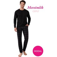 Guava Erkek Siyah Modal 3 Düğmeli Ekose Desen Pamuk Likra Mevsimlik Manşetli Uzun Kol Cepli Pijama Takımı