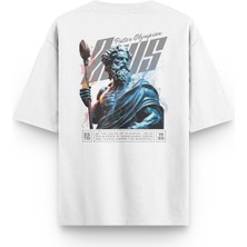 Overoz Zeus Sırt Baskılı Yarı Oversize Unisex Beyaz Tshirt 1405