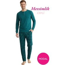 Guava Erkek Yeşil Modal 3 Düğmeli Ekose Desen Pamuk Likra Mevsimlik Manşetli Uzun Kol Cepli Pijama Takımı