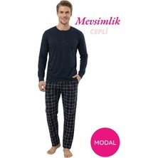 Guava Erkek Lacivert Modal Düğmeli Ekose Desen Pamuk Likra Mevsimlik Manşetli Uzun Kol Cepli Pijama Takımı