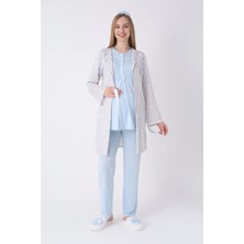 Erdeniz Tekstil Hamile Pijama ve Sabahlık Takımı 3’lü – Lohusa Pijama Bisiklet Yaka Çizgili Desenli Pamuk Viskoz