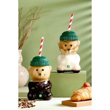 Oblivion Ayıcık Pipetli Cam BARDAK500 ml – Yeşil Kapaklı Sevimli Tasarım 1ADET