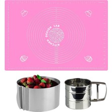 Feyza Design Pembe Silikon Hamur Açma Matı, Çelik Un Eleği ve Ayarlanabilir Pasta Kalıbı