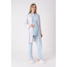 Erdeniz Tekstil Desenli Sabahlık ve Düğmeli Yaka Detaylı Hamile Pijama ve Sabahlıklı Penye Pamuk Pijama Takımı