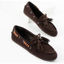 Kadın Kahverengi Süet Loafer Ayakkabı Püsküllü Bağcıklı Günlük Makosen Model Carlas
