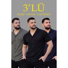 Glam Love Erkek Waffle Dokuma Açık Yakalı Düğmeli Regular Kalıp 3’lü Gömlek Seti - Siyah, Haki, Lacivert