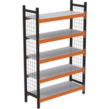 Rafburada 5 Katlı Dekoratif Midi Rack - Ekonomik Depo,Arşiv, Kiler Rafı  - Siyah-Turuncu-35x120 cm-150 cm
